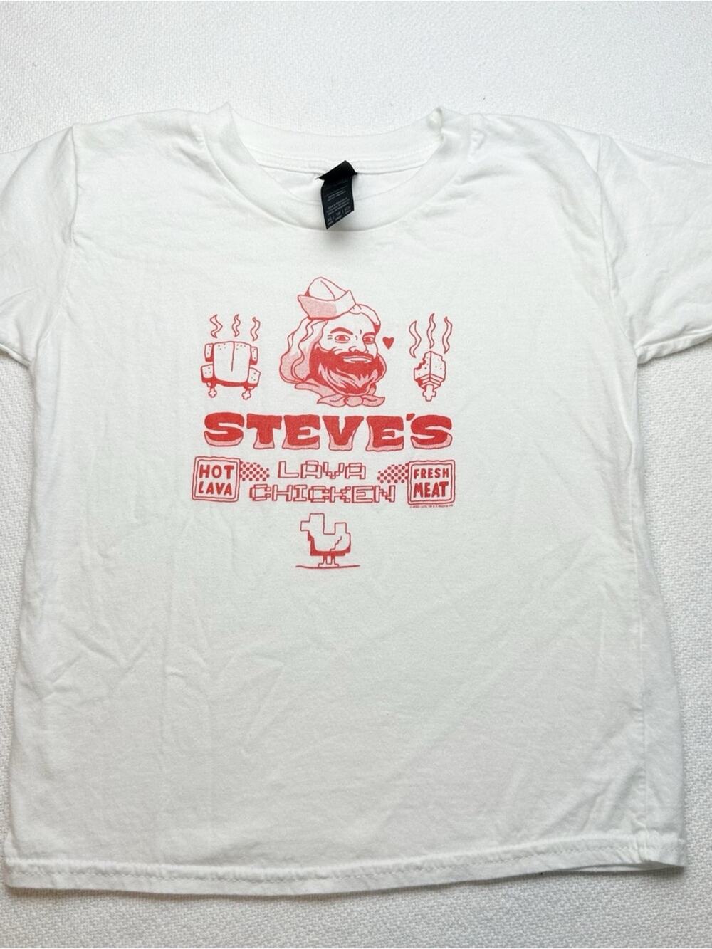 Steve’s Lava Chicken White Graphic Minecraft T-Shirt with Red Print